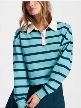 Champion Aqua and Navy Striped Rugby Shirt with Cream Collar